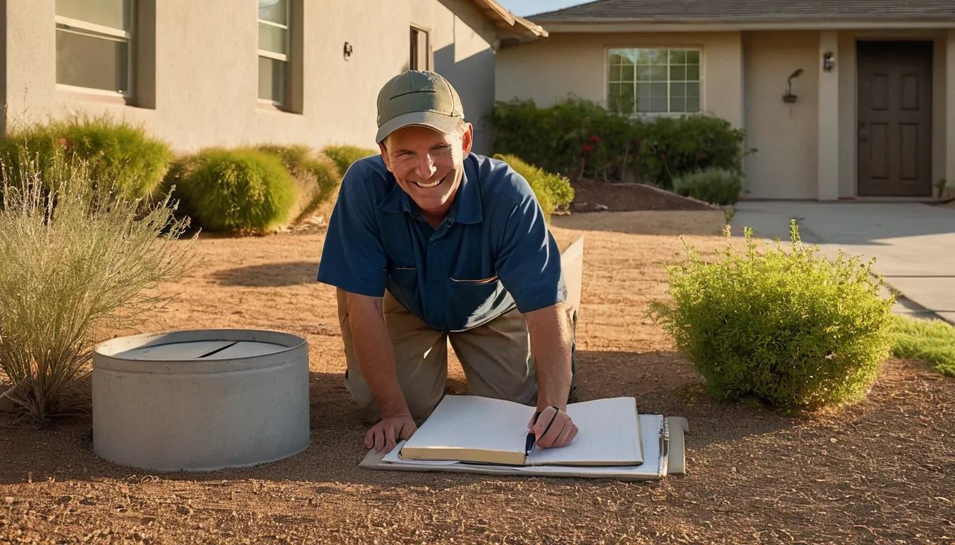 A friendly provider checking a septic tank lid in a sunny yard near Pacifica