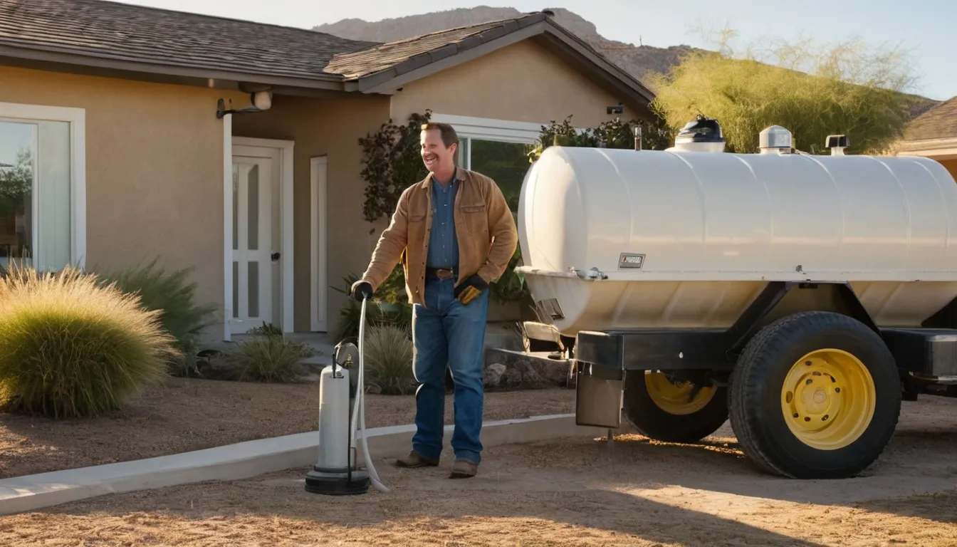 A friendly septic pumping provider checking a tank lid beside a stucco ranch home in the Pacifica area